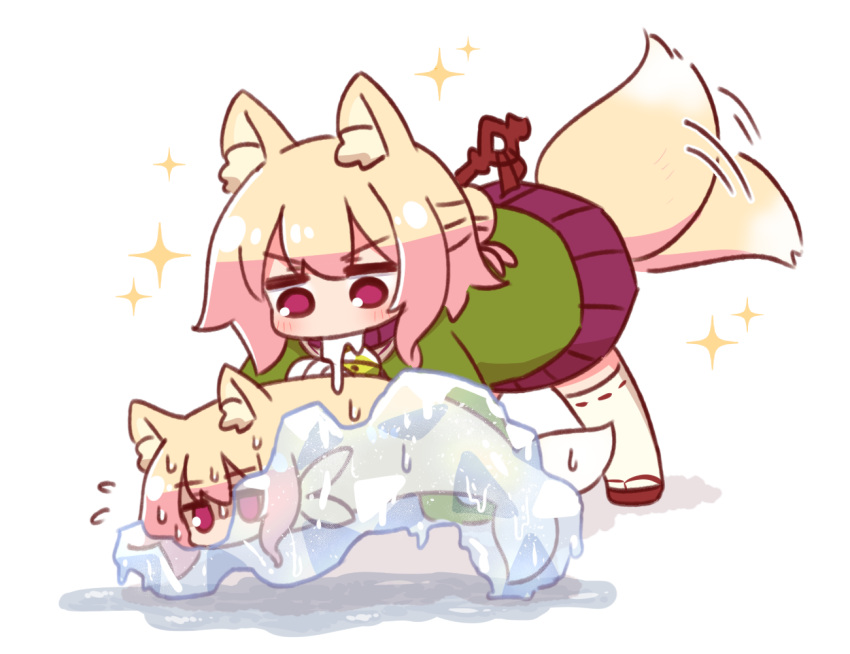 2girls afterimage all_fours animal animal_ear_fluff animal_ears animalization bell blonde_hair drooling fish flying_sweatdrops fox_ears fox_girl fox_tail frozen green_shirt hair_bun hair_ornament ice jingle_bell kemomimi-chan_(naga_u) long_sleeves melting multiple_girls naga_u neck_bell original pleated_skirt purple_skirt red_footwear ribbon-trimmed_legwear ribbon_trim sailor_collar saliva shadow shirt skirt sleeves_past_fingers sleeves_past_wrists sparkle tail tail_wagging thigh-highs v-shaped_eyebrows wet white_sailor_collar white_thighhighs zouri