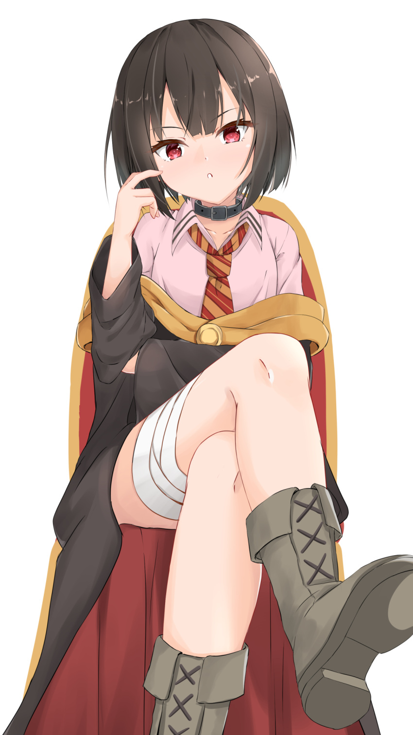 1girl arm_under_breasts bandaged_leg bandages black_choker black_cloak black_hair blunt_bangs boots choker cloak collared_shirt commentary_request crossed_legs double-parted_bangs eyelashes feet_out_of_frame flat_chest foreshortening grey_footwear hand_up head_tilt highres kono_subarashii_sekai_ni_bakuen_wo! kono_subarashii_sekai_ni_shukufuku_wo! long_sleeves looking_at_viewer megumin necktie no_headwear parted_lips partial_commentary pink_shirt red_eyes shirt short_hair simple_background sitting solo straight-on striped_necktie tamaguu thighs v-shaped_eyebrows white_background wide_sleeves