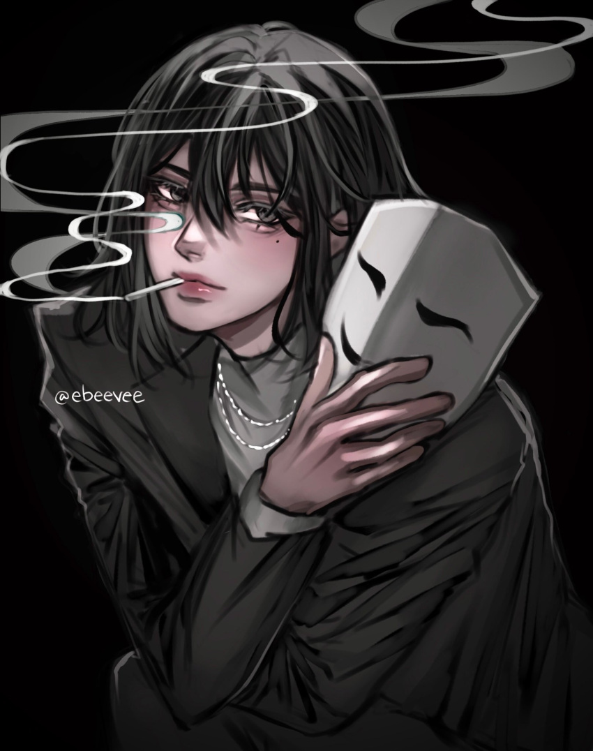 1girl artist_name black_background black_eyes black_hair cigarette commentary english_commentary evie_(baoxiao) han_sooyoung highres holding holding_mask jewelry long_sleeves mask medium_hair mole mole_under_eye mouth_hold necklace omniscient_reader's_viewpoint smoke smoking solo