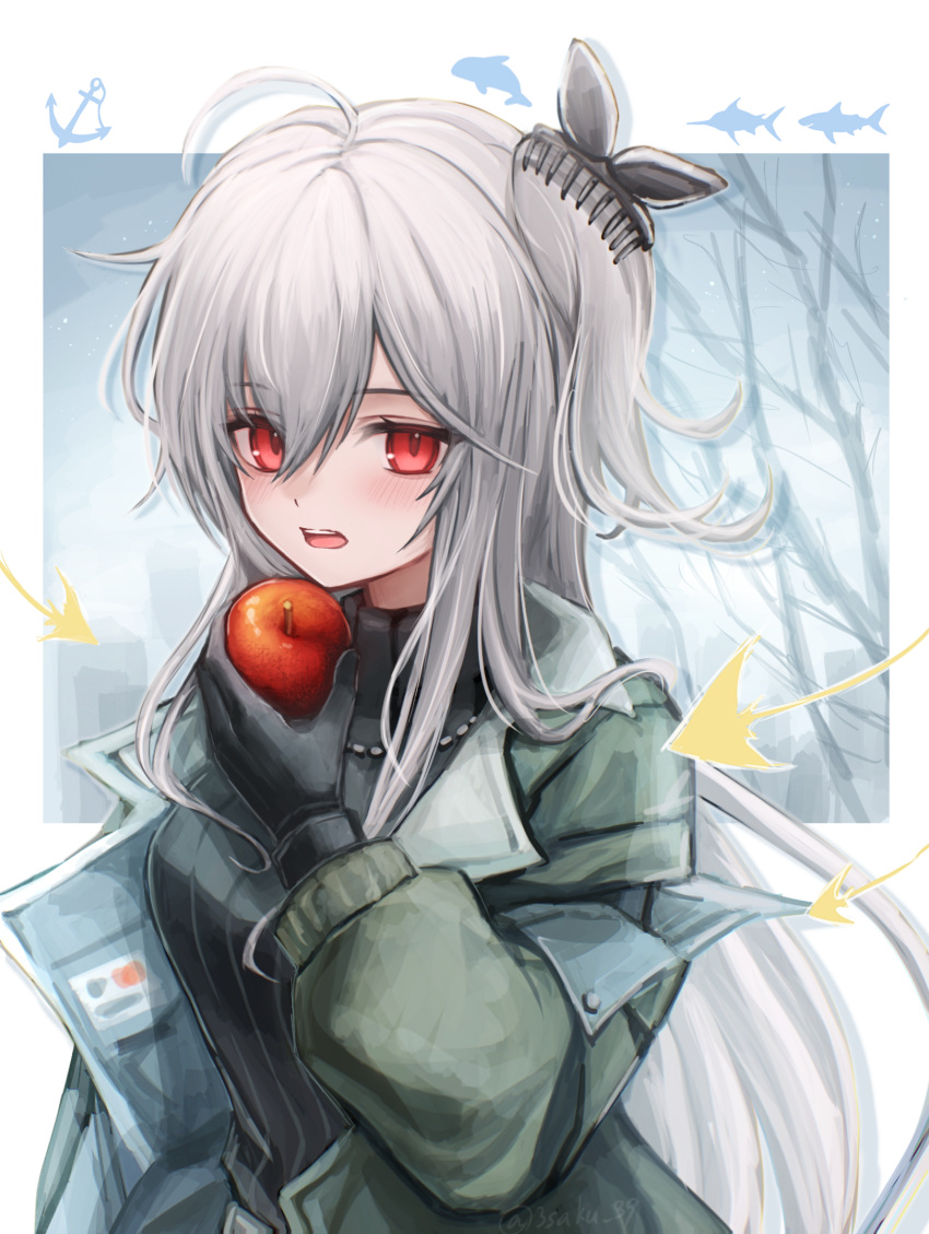 1girl 3_(sanyako1) ahoge anchor_symbol apple arknights black_gloves black_sweater blush breasts food fruit gloves green_jacket grey_hair hair_ornament hairclip highres holding holding_food holding_fruit jacket jewelry long_hair long_sleeves necklace off_shoulder open_clothes open_jacket open_mouth red_eyes ribbed_sweater skadi_(arknights) skadi_(the_next_afternoon_tea)_(arknights) small_breasts solo sweater teeth turtleneck turtleneck_sweater upper_body upper_teeth_only very_long_hair