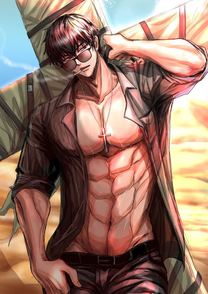 1boy abs belt black_belt black_eyes black_hair black_shirt cigarette collarbone collared_shirt cowboy_shot cross cross_necklace day desert hair_between_eyes highres jewelry looking_to_the_side male_focus muscular muscular_male navel necklace nicholas_d._wolfwood nipples open_clothes sand see-through shirt short_hair smoke solo standing strap sunglasses trigun trigun_stampede umeokakatamago weapon weapon_on_back