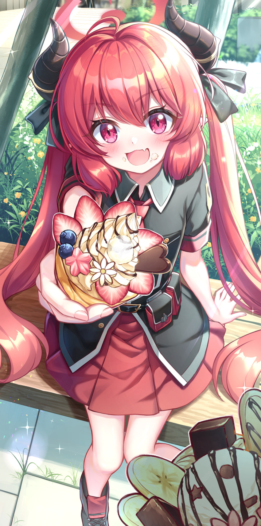 1girl absurdres ahoge belt belt_pouch bench blue_archive fang food food_on_face highres horns ice_cream_crepe junko_(blue_archive) long_hair necktie pointy_ears pouch pov red_necktie red_skirt redhead sitting skirt twintails tyutaka0427 violet_eyes