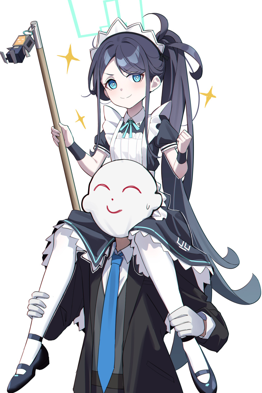 1boy 1girl ^_^ apron aqua_eyes aris_(blue_archive) aris_(maid)_(blue_archive) arona's_sensei_doodle_(blue_archive) black_coat black_footwear black_hair blue_archive blue_necktie carrying clenched_hand closed_eyes coat collared_shirt dress gloves halo highres holding long_hair long_sleeves looking_at_viewer maid maid_headdress necktie panties pantyhose ponytail sensei_(blue_archive) shirt shoes short_sleeves shoulder_carry simple_background smile sparkle sweat tamago_(eva1314056) underwear very_long_hair white_apron white_background white_gloves white_panties white_shirt