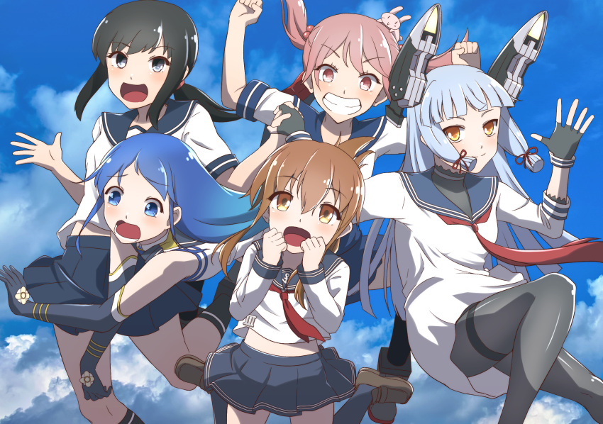 5girls antenna_hair black_gloves black_thighhighs blue_eyes blue_hair brown_eyes brown_footwear brown_hair fubuki_(kancolle) gloves grey_hair highres inazuma_(kancolle) kantai_collection kuroyaki_soba long_hair multiple_girls murakumo_(kancolle) pink_eyes pink_hair ponytail rabbit samidare_(kancolle) sazanami_(kancolle) school_uniform short_hair skirt thigh-highs yellow_eyes