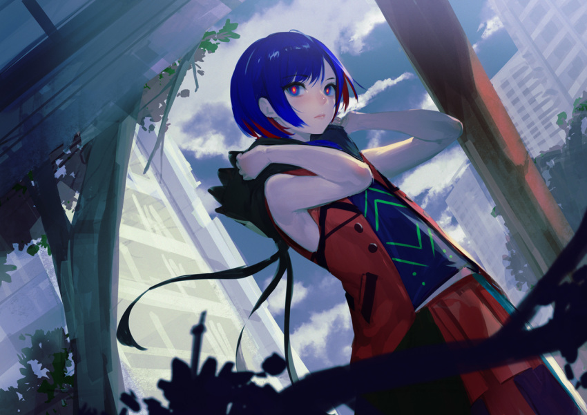 1girl bare_shoulders blue_eyes blue_hair blue_shirt blue_sky building city closed_mouth clouds cloudy_sky colored_inner_hair commentary_request cowboy_shot dutch_angle expressionless foliage from_side hair_over_shoulder hands_up hood hood_grab hooded_jacket jacket kamitsubaki_studio lips looking_at_viewer looking_to_the_side low_ponytail medium_hair multicolored_eyes multicolored_hair open_clothes open_jacket outdoors pleated_skirt red_eyes red_jacket red_skirt redhead rim_(kamitsubaki_studio) shirt skirt sky sleeveless sleeveless_jacket sleeveless_shirt solo standing takami_masahiro virtual_youtuber yellow_pupils