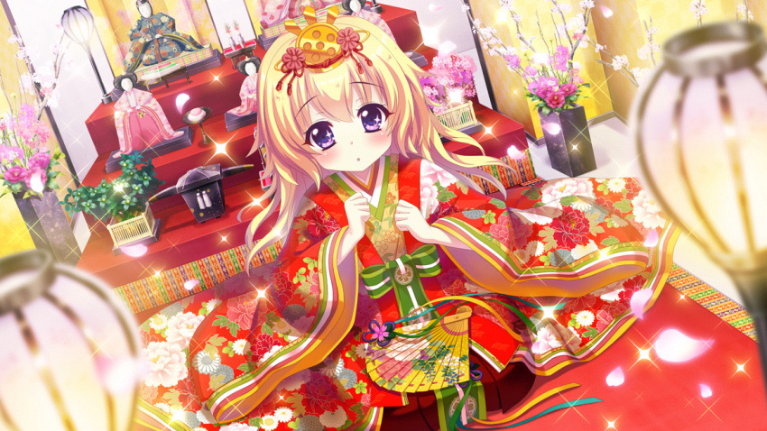 1girl blonde_hair clenched_hands doll dot_nose dutch_angle film_grain floral_print flower flower_request game_cg hand_fan hasegawa_mii headwear_request hina_ningyou izumi_tsubasu japanese_clothes kimono lantern long_hair looking_at_viewer non-web_source official_art on_floor open_mouth paper_fan petals pink_flower re:stage! red_kimono seiza sitting solo sparkle sparkling_eyes violet_eyes