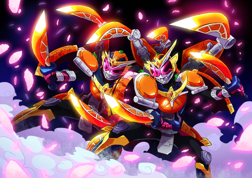 2boys armor cherry_blossoms daidai_maru dual_wielding flag food fruit gaim_armor gloves highres holding japanese_armor kamen_rider kamen_rider_gaim kamen_rider_gaim_(series) kamen_rider_zi-o kamen_rider_zi-o_(series) katakana lock_seed multiple_boys orange_(fruit) orange_armor otokamu pink_eyes pink_gloves samurai shoulder_armor time_paradox ziku_driver