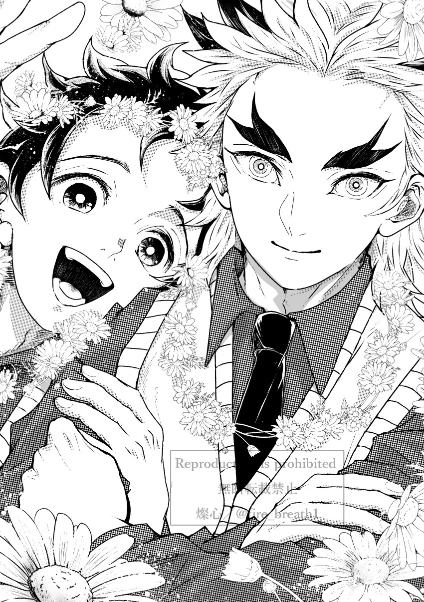 2boys :d absurdres collared_shirt crossed_arms daisy fire_breath1 flower greyscale hair_ornament hand_on_another's_arm head_wreath highres kamado_tanjirou kimetsu_no_yaiba looking_at_viewer male_focus monochrome multiple_boys necktie open_mouth rengoku_kyoujurou shirt short_hair simple_background smile sweater_vest thick_eyebrows twitter_username v vest white_background