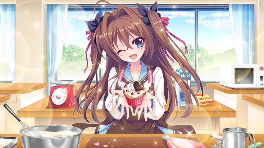 1girl ahoge apron black_bow blue_eyes blue_sailor_collar blue_sky bow brown_apron brown_hair candy carton chocolate classroom collarbone counter cupcake curtains day dot_nose film_grain flour food fruit game_cg hair_bow hair_ribbon head_tilt heart heart-shaped_chocolate icing incoming_food indoors izumi_tsubasu lens_flare long_hair looking_at_viewer microwave milk mixing_bowl mountainous_horizon non-web_source official_art one_eye_closed open_mouth pastry_bag re:stage! red_ribbon ribbon sailor_collar school school_uniform shikimiya_aone sky smile solo sparkle strawberry tree two_side_up whisk white_uniform window