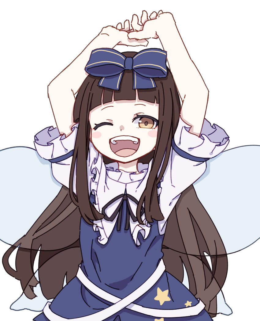 1girl absurdres arms_up blue_bow blue_dress blush_stickers bow brown_eyes brown_hair dress fairy fairy_wings frilled_sleeves frills hair_bow highres kame_(kamepan44231) long_hair one_eye_closed open_mouth short_sleeves simple_background smile solo star_(symbol) star_print star_sapphire touhou upper_body white_background wings