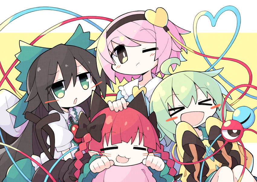 &gt;_&lt; 4girls :d ;/ absurdres ahoge animal_ears asameshi black_bow black_dress black_hairband blouse blue_shirt blush_stickers bow braid brown_hair buttons cape cat_ears cat_tail closed_eyes commentary diamond_button dress extra_ears frilled_shirt_collar frilled_sleeves frills green_bow green_eyes green_skirt hair_bow hair_ornament hairband hands_up heart heart_button heart_hair_ornament heart_of_string highres jitome kaenbyou_rin komeiji_koishi komeiji_satori long_hair long_sleeves multiple_girls multiple_tails no_headwear one_eye_closed open_mouth patting pink_hair pointy_ears puffy_short_sleeves puffy_sleeves redhead reiuji_utsuho shirt short_hair short_sleeves skirt sleeve_cuffs sleeves_past_fingers sleeves_past_wrists smile tail third_eye touhou twin_braids two_tails white_cape white_shirt wide_sleeves yellow_shirt