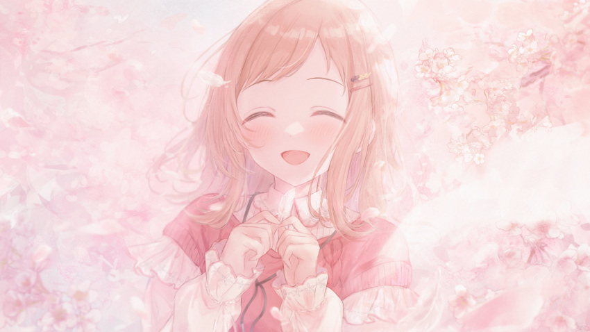 1girl ^_^ blurry blurry_foreground blush cherry_blossoms closed_eyes depth_of_field falling_feathers falling_petals feathers frilled_sleeves frills gameso hair_ornament hairpin highres holding holding_feather idolmaster idolmaster_shiny_colors light_brown_hair long_sleeves medium_hair outdoors petals sakuragi_mano smile solo upper_body