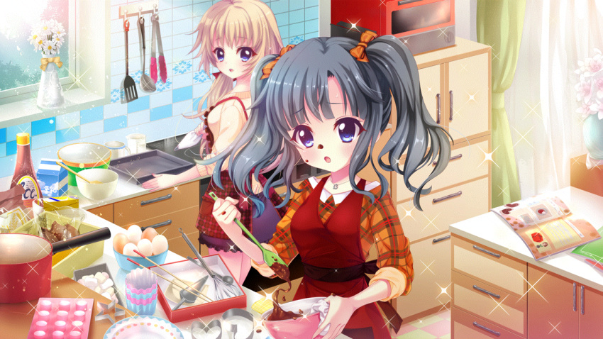 2girls apron aunt_and_niece baking baking_sheet black_hair black_skirt blue_eyes bow breasts chest_of_drawers chocolate chocolate_on_face cookie_cutter cooking_pot curtains dot_nose egg film_grain flower food food_on_face game_cg hair_bow holding holding_spoon itsumura_haruka itsumura_yukari izumi_tsubasu jewelry kitchen ladle light_brown_hair looking_back low_twintails magazine_(object) medium_breasts microwave mixing_bowl multiple_girls necklace non-web_source official_art open_magazine open_mouth orange_bow orange_shirt pastry_bag plaid plaid_apron plaid_shirt re:stage! red_apron red_bow shirt skirt sleeves_rolled_up sparkle spatula spoon tile_floor tile_wall tiles tongs twintails vase whisk window yellow_shirt