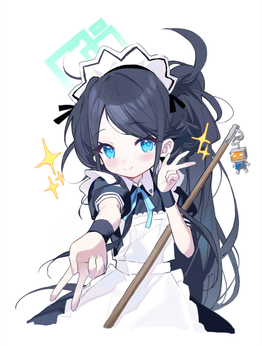 1girl apron aris_(blue_archive) aris_(maid)_(blue_archive) black_dress black_hair blue_archive blue_eyes blue_ribbon blush closed_mouth cropped_legs double_v dress frilled_apron frills green_halo halo highres long_hair looking_at_viewer maid maid_apron maid_headdress measho mop neck_ribbon official_alternate_costume ponytail reaching_towards_viewer ribbon short_sleeves simple_background smile solo sparkle swept_bangs v very_long_hair white_apron white_background wrist_cuffs