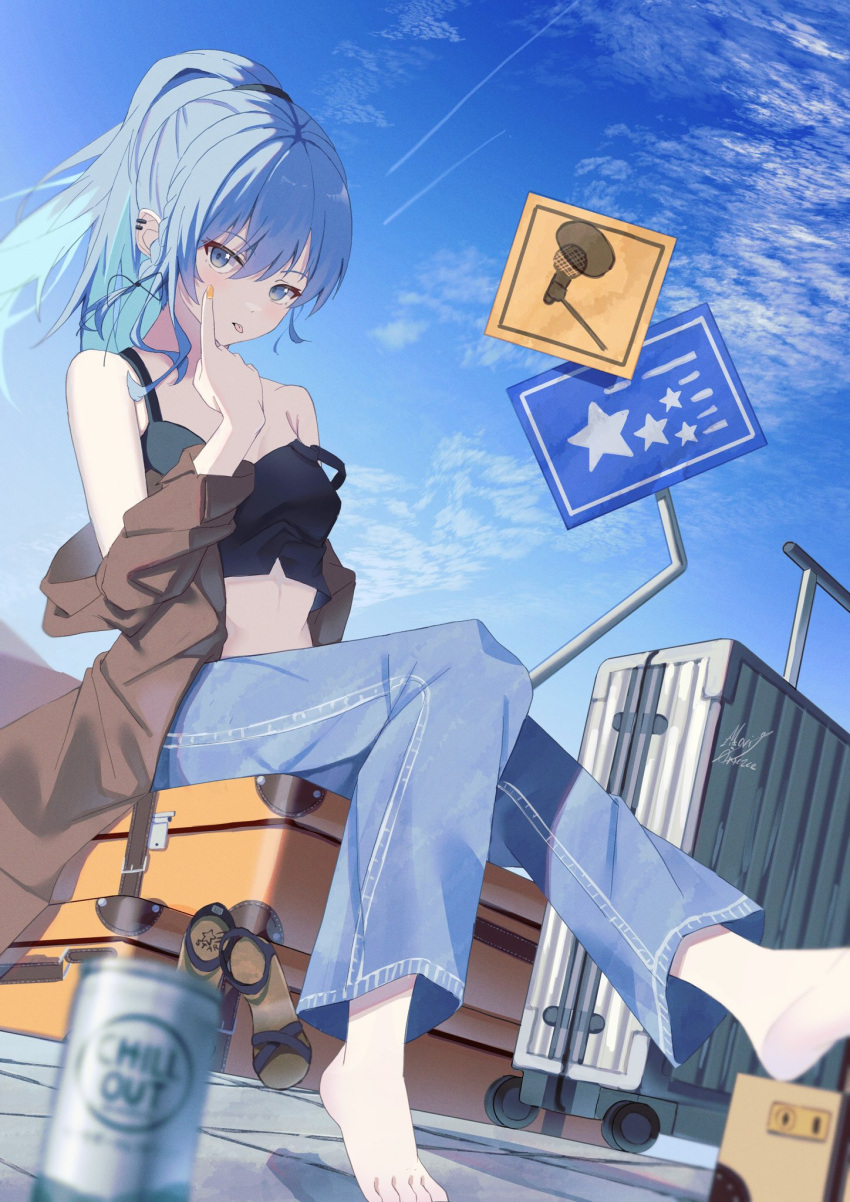 1girl akanbe barefoot beer_can black_tank_top blue_eyes blue_hair blue_pants blue_sky brown_footwear brown_jacket can clouds contrail denim earrings electrical_outlet english_commentary highres hololive hoshimachi_suisei jacket jeans jewelry looking_at_viewer maria_onnette midriff off_shoulder pants road_sign rolling_suitcase sign sitting sitting_on_object sky solo star_(symbol) star_in_eye suitcase symbol_in_eye tank_top tile_floor tiles tongue tongue_out virtual_youtuber