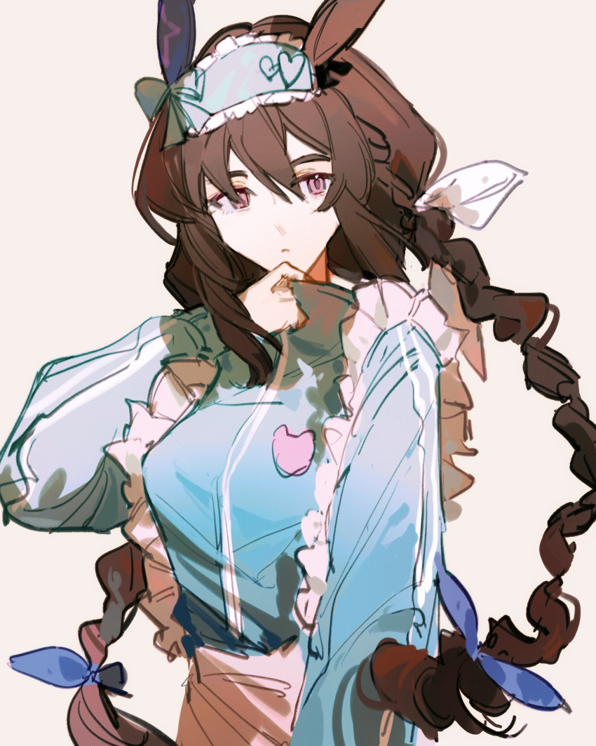 1girl absurdres admire_vega_(umamusume) animal_ears apron blue_jacket braid breasts brown_hair closed_mouth frilled_hairband frills grey_background hairband hand_up high_collar highres hikawayunn horse_ears jacket long_hair long_sleeves looking_at_viewer maid_apron pink_eyes small_breasts solo twin_braids twintails umamusume upper_body