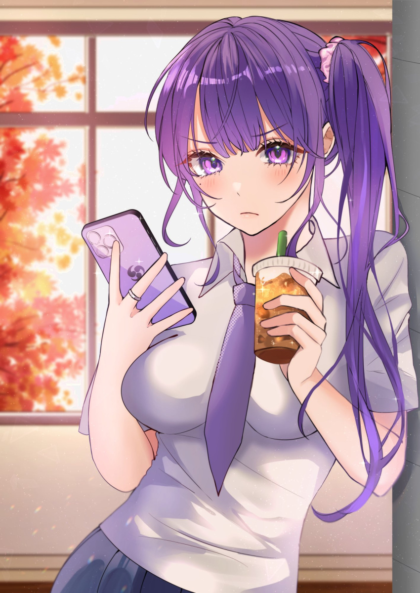 1girl cellphone closed_mouth collared_shirt commentary_request cup drinking_straw frown genshin_impact hair_ornament hair_scrunchie highres holding holding_cup holding_phone indoors leaning_to_the_side long_hair looking_at_viewer necktie phone purple_hair purple_necktie raiden_shogun school_uniform scrunchie shirt short_sleeves side_ponytail smartphone solo upper_body violet_eyes white_shirt window yaduki100