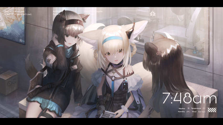 3girls 3syo animal_ear_fluff animal_ears arknights bag bare_shoulders black_collar black_eyes black_gloves black_jacket blonde_hair blue_hairband blue_skirt brown_hair character_request clothing_cutout collar commentary_request dress earpiece fox_ears fox_girl fox_tail gloves hairband highres indoors infection_monitor_(arknights) jacket kitsune kyuubi letterboxed long_hair long_sleeves multicolored_hair multiple_girls multiple_tails open_mouth oripathy_lesion_(arknights) partial_commentary purple_dress rhine_lab_logo rhodes_island_medic_(arknights) shirt short_hair short_sleeves shoulder_bag shoulder_cutout single_glove sitting skirt suzuran_(arknights) tail two-tone_hair white_armband white_hair white_shirt wrist_cuffs yellow_eyes