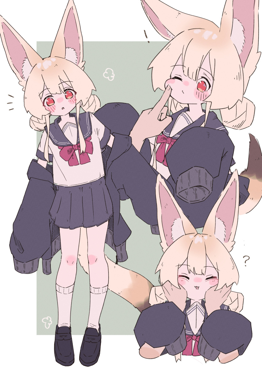 1girl 1other ? absurdres animal_ear_fluff animal_ears black_footwear black_jacket blonde_hair blue_sailor_collar blue_skirt blush border bow cheek_poking closed_eyes closed_mouth commentary_request disembodied_limb double_bun fox_ears fox_girl fox_tail green_background hair_bun hands_on_another's_cheeks hands_on_another's_face highres jacket jacket_partially_removed kneehighs loafers long_sleeves megateru miniskirt multiple_views nose_blush notice_lines one_eye_closed open_clothes open_jacket original outside_border pleated_skirt poking puffy_long_sleeves puffy_sleeves red_bow red_eyes sailor_collar sailor_shirt school_uniform serafuku shirt shirt_bow shoes short_hair short_sleeves simple_background skirt sleeve_cuffs sleeves_past_fingers sleeves_past_wrists socks standing tail white_border white_shirt white_socks