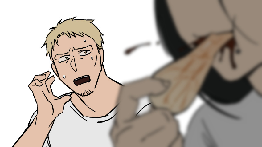 2boys alternate_hairstyle androgynous biting blonde_hair blood blood_splatter blurry blurry_foreground elbow_rest eren_yeager facial_hair foodification goatee hair_down highres lip_piercing long_hair looking_at_another male_focus multiple_boys piercing reiner_braun shingeki_no_kyojin shirt short_hair solo_focus stubble sweatdrop syabbal-i table tearing_up upper_body white_shirt