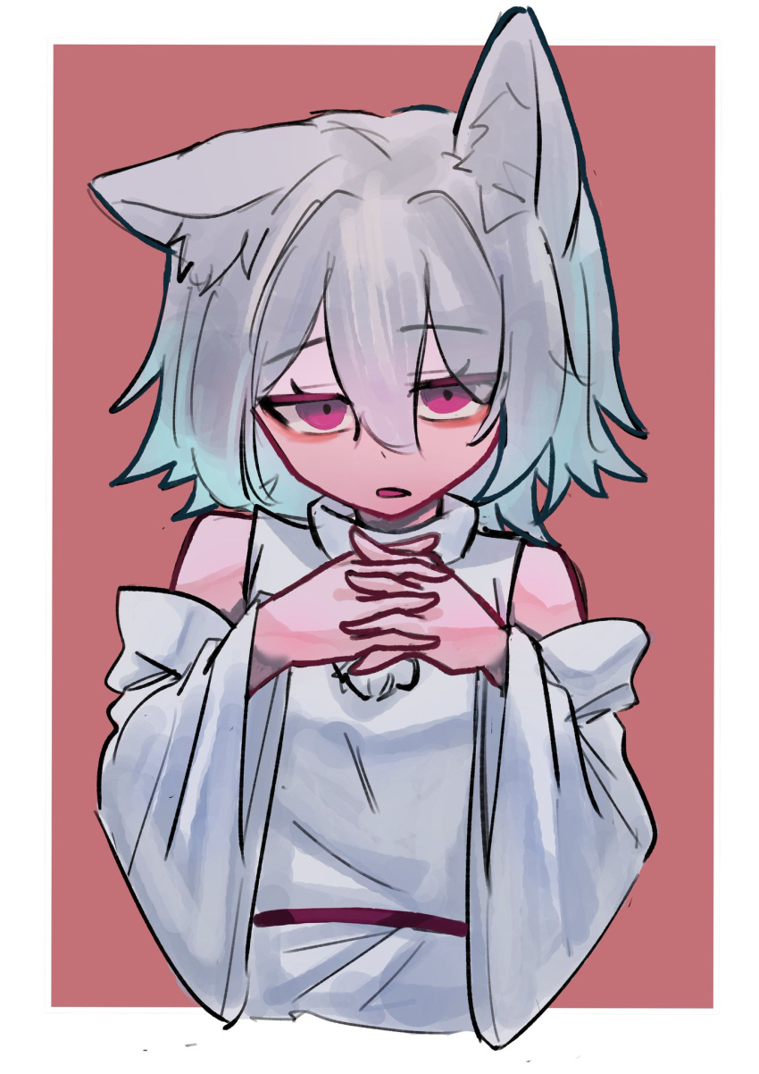 1girl 9302w_(user_wjpg8475) animal_ears bare_shoulders border cropped_torso highres inubashiri_momiji looking_at_viewer open_mouth own_hands_together pink_background red_eyes shirt solo touhou upper_body white_border white_hair white_shirt white_sleeves wolf_ears wolf_girl