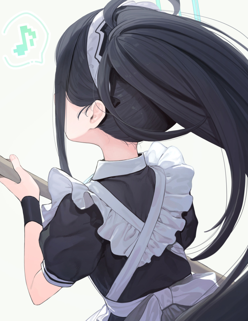 1girl apron aris_(blue_archive) aris_(maid)_(blue_archive) black_dress black_hair blue_archive dress from_behind halo highres holding long_hair maid maid_headdress musical_note puffy_short_sleeves puffy_sleeves short_sleeves signalviolet simple_background solo spoken_musical_note upper_body white_apron white_background