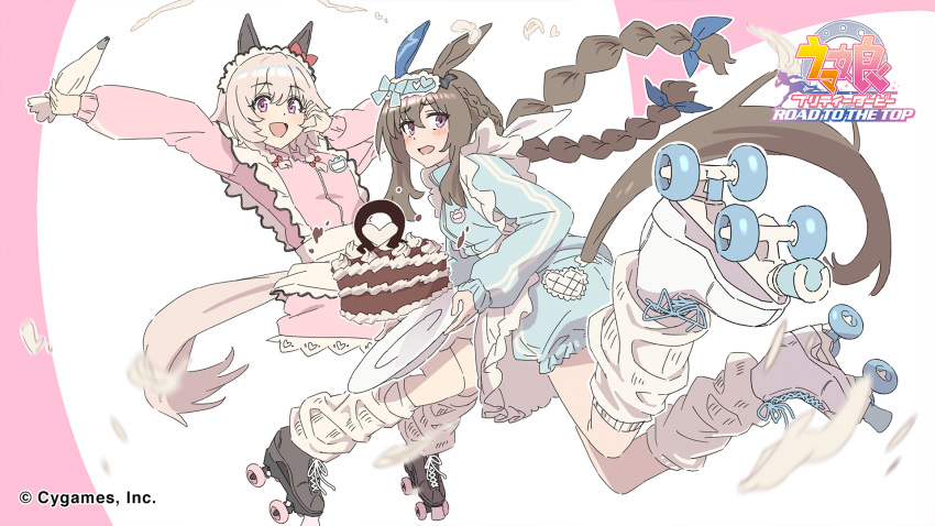 2girls admire_vega_(umamusume) animal_ears blue_bow bow braid brown_hair cake copyright copyright_name curren_chan_(umamusume) ear_covers food grey_hair highres horse_ears horse_girl horse_tail loose_socks multiple_girls official_art red_bow roller_skates skates socks tail umamusume umamusume:_road_to_the_top