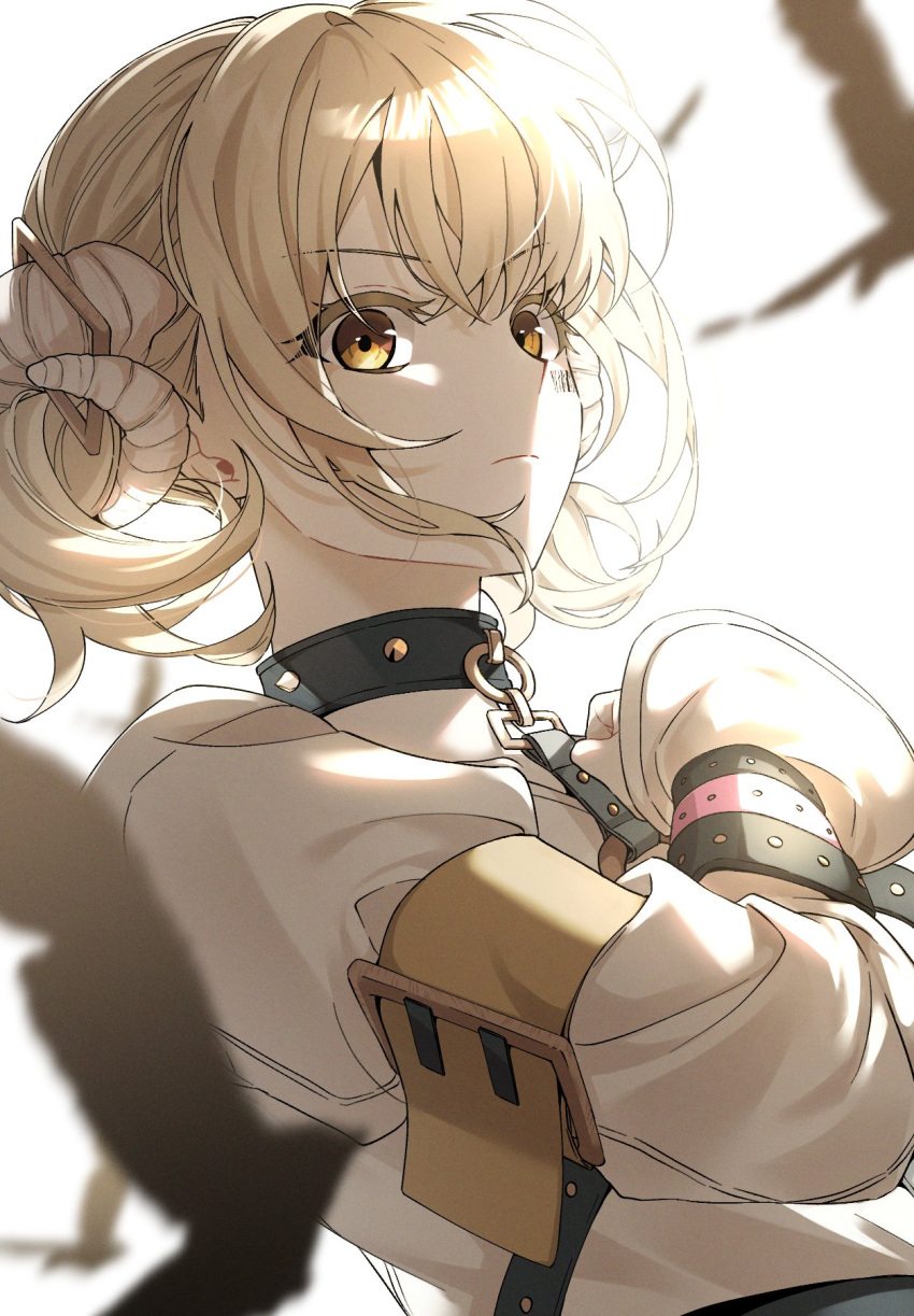 1girl azusawa_kohane black_feathers blonde_hair brown_eyes collar commentary feathers harness highres horns hr_rinn kick_it_up_a_notch_(project_sekai) long_sleeves looking_at_viewer official_alternate_costume project_sekai sheep_horns short_twintails solo twintails upper_body white_background