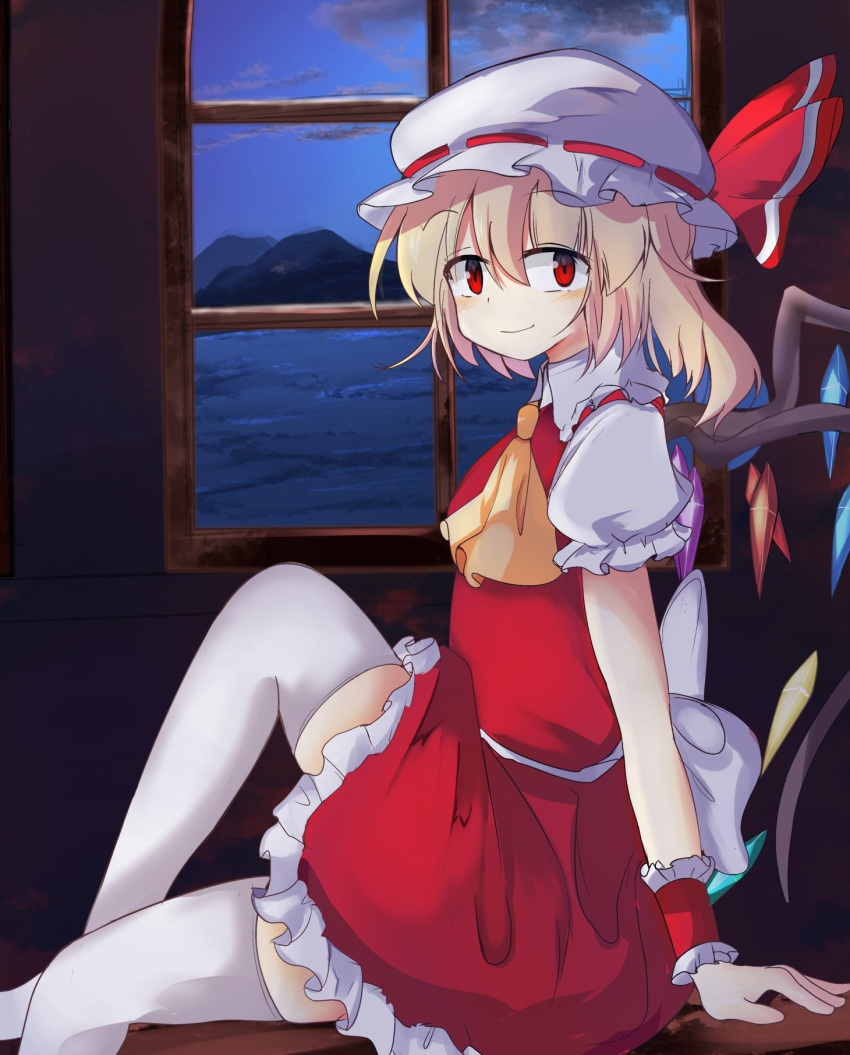 1girl ascot blonde_hair bow collared_shirt crystal flandre_scarlet hat hat_bow highres indoors looking_at_viewer miniskirt mob_cap puffy_short_sleeves puffy_sleeves red_skirt safupara_(crnsrd65) shirt short_hair short_sleeves side_ponytail sitting skirt thigh-highs touhou vest white_headwear white_thighhighs window wings yellow_ascot