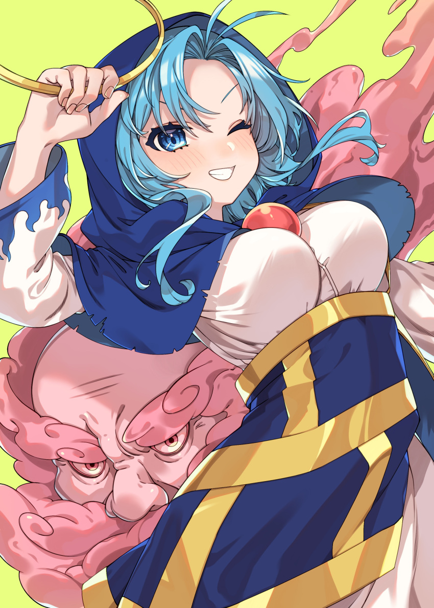 1boy 1girl absurdres blue_eyes blue_hair breasts e_sdss fingernails green_background grin highres holding hood hood_up hoop jewelry kesa kumoi_ichirin long_sleeves medium_breasts one_eye_closed ring short_hair simple_background smile touhou unzan upper_body