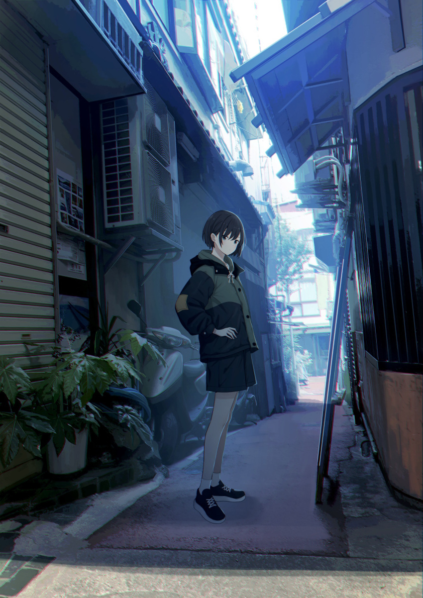 1girl alley black_hair blurry chromatic_aberration depth_of_field hand_on_own_hip highres jacket motor_vehicle original outdoors plant potted_plant sakeharasu scooter short_hair shorts solo