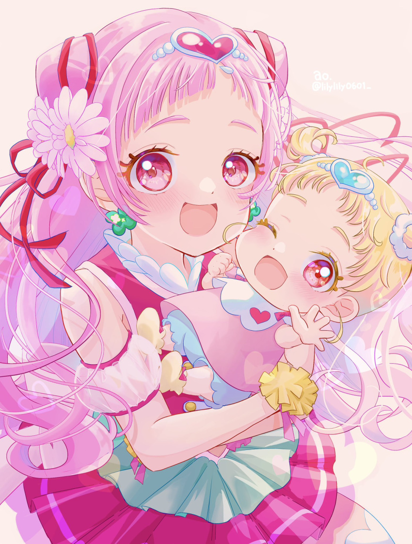 2girls baby blonde_hair clover_earrings commentary_request cone_hair_bun cure_yell hair_bun hair_ribbon highres hug-tan_(precure) hugtto!_precure layered_skirt lilylily0601 long_hair magical_girl mother_and_daughter multiple_girls nono_hana one_eye_closed pink_eyes pink_hair pink_shirt pink_skirt precure red_ribbon ribbon shirt short_bangs short_hair short_twintails skirt twintails