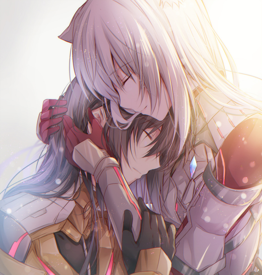 1boy 1girl animal_ears armor black_gloves black_hair cat_ears chest_jewel closed_eyes closed_mouth commentary_request gem gloves grey_hair hands_on_another's_head hetero highres hug long_hair m_(xenoblade) n_(xenoblade) profile red_gloves smile ui_frara very_long_hair white_background xenoblade_chronicles_(series) xenoblade_chronicles_3