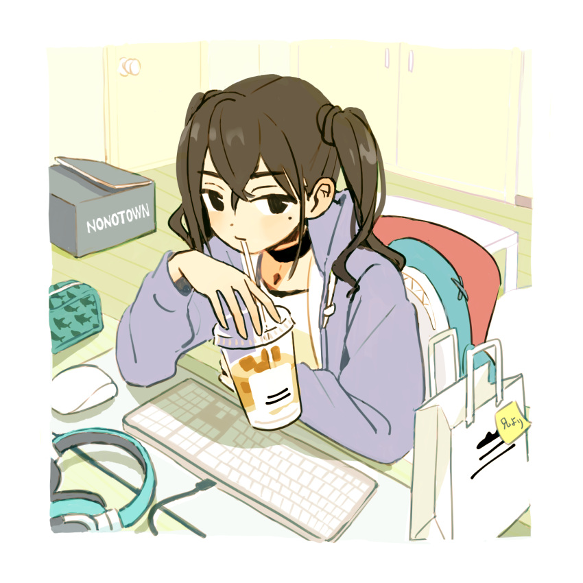 1girl 3: arm_rest bag bedroom black_choker black_eyes border box brown_hair cable choker closed_mouth crossed_bangs cup dated_commentary desk disposable_cup door drawstring drink drinking drinking_straw drinking_straw_in_mouth dutch_angle elbow_rest expressionless hair_between_eyes hand_up headphones headphones_removed highres holding holding_cup holding_drink hood hood_down hoodie idolmaster idolmaster_cinderella_girls indoors iwashi_iwashimo jewelry keyboard_(computer) long_hair looking_at_viewer looking_to_the_side mole mole_under_eye mouse_(computer) on_chair on_desk open_clothes open_hoodie paper_bag pencil_case pendant pendant_choker purple_hoodie shark_print shopping_bag solo sticky_note stuffed_animal stuffed_shark stuffed_toy sunazuka_akira table twintails upper_body wardrobe white_border wooden_floor