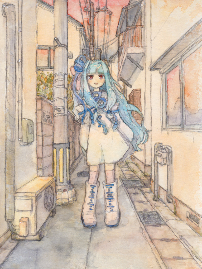 1girl absurdres air_conditioner alley arms_at_sides blue_hair blue_ribbon blunt_bangs blush bone_71 boots commentary detached_sleeves dress floating_hair flower_knot full_body hair_intakes hair_ribbon highres house industrial_pipe knee_boots kotonoha_aoi long_hair looking_at_viewer open_mouth outdoors painting_(medium) pink_sky pink_thighhighs power_lines red_eyes ribbon short_dress sidelocks sky smile solo standing storm_drain thigh-highs traditional_media twilight utility_pole very_long_hair voiceroid watercolor_(medium) white_dress white_footwear wide_shot window