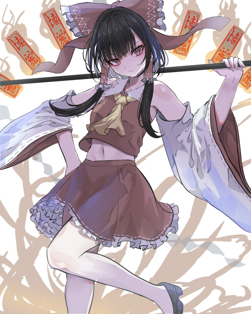 1girl ascot black_hair blush breasts detached_sleeves frilled_hair_tubes frilled_ribbon frilled_skirt frills hair_between_eyes hair_ornament hair_ribbon hair_tubes hakurei_reimu hegata_(hegatia_lapis) highres holding holding_staff kanji navel nontraditional_miko red_eyes red_skirt ribbon sidelocks skirt sleeveless small_breasts solo staff thighs touhou yellow_ascot