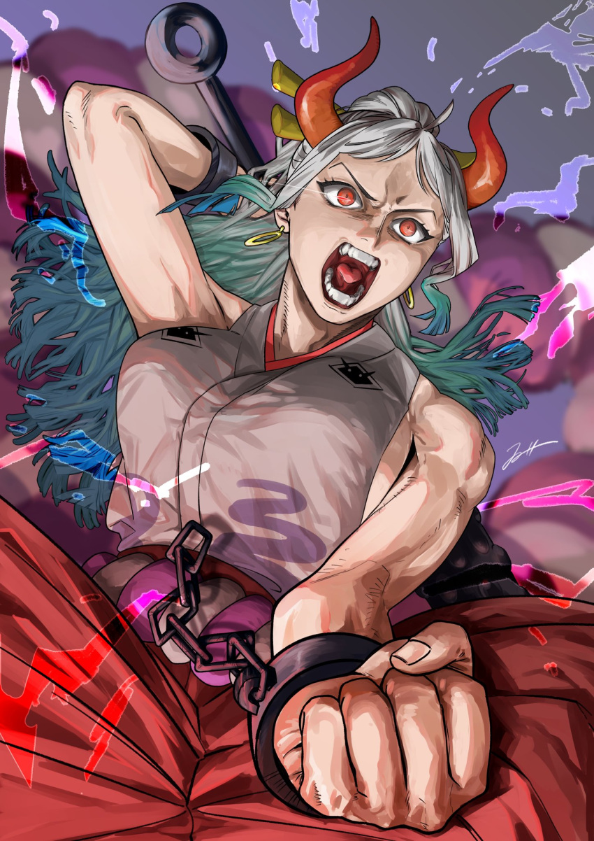 1girl arm_up bare_arms bare_shoulders blue_hair blurry blurry_background chain club_(weapon) constricted_pupils crazy_eyes cuffs curled_horns earrings eye_trail fighting_stance fingernails foreshortening green_hair grey_hair hair_ornament hair_stick hakama hakama_pants highres holding holding_weapon horns ishii_(isinaka_yoh) japanese_clothes jewelry kanabou kimono light_trail long_hair multicolored_hair multicolored_horns one_piece oni open_mouth orange_horns pants red_eyes red_hakama red_horns rope shackles shimenawa sleeveless sleeveless_kimono solo teeth tongue v-shaped_eyebrows weapon yamato_(one_piece)