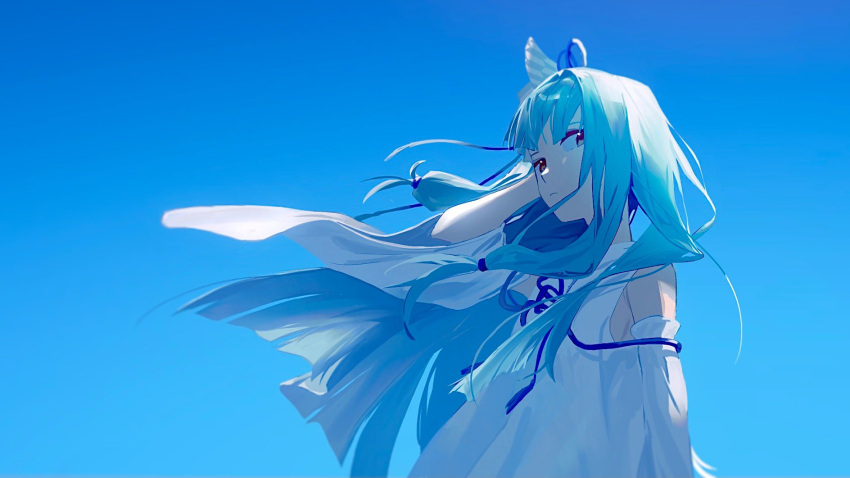 1girl blue_hair blue_ribbon blue_sky blue_theme blunt_bangs blunt_ends closed_mouth commentary detached_sleeves dress expressionless floating_hair flower_knot from_side hair_ribbon hand_in_own_hair hand_up highres kakine kotonoha_aoi light_frown long_hair looking_at_viewer looking_to_the_side ribbon sidelocks sky sleeveless sleeveless_dress solo upper_body voiceroid white_dress wide_sleeves