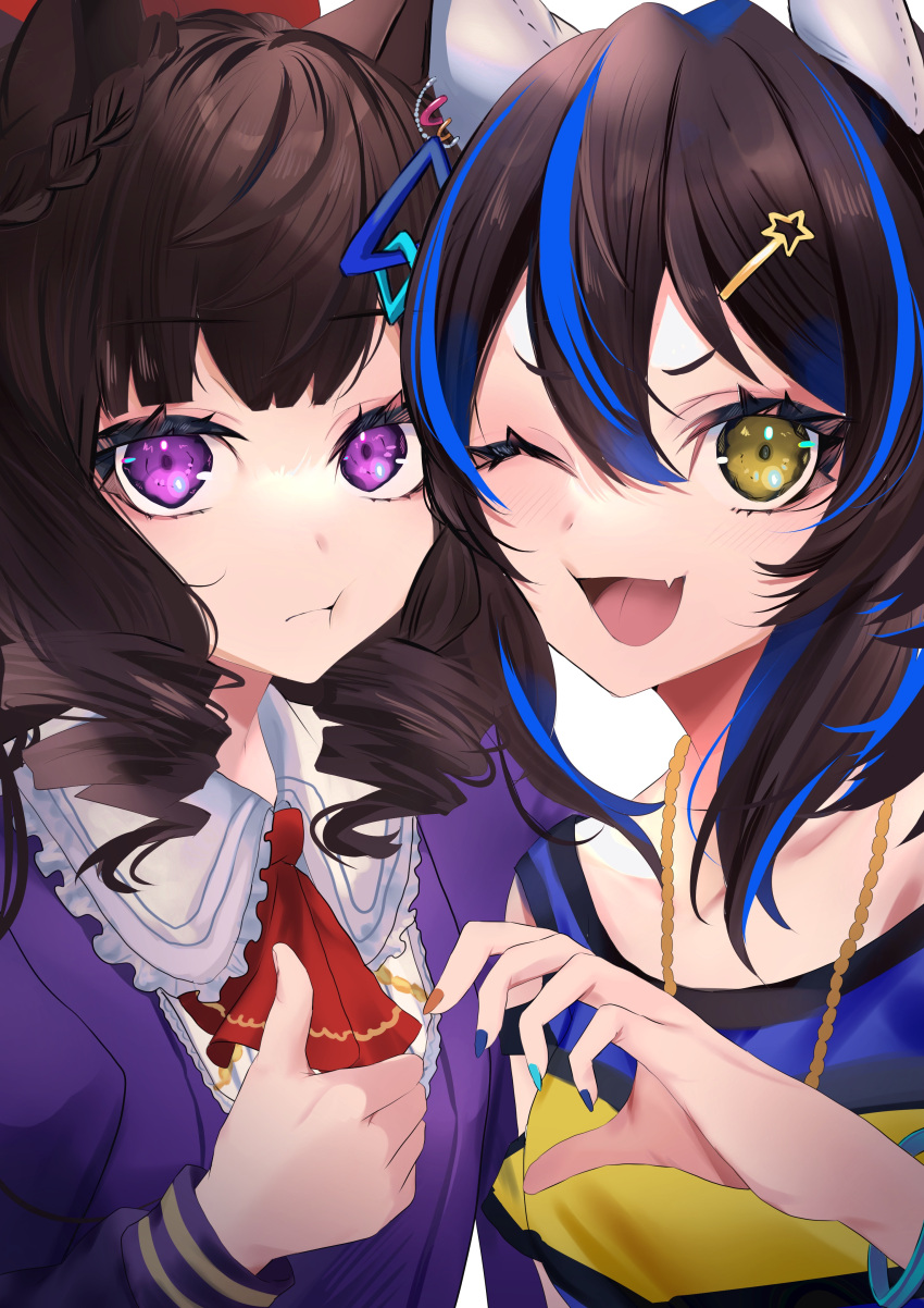 2girls absurdres animal_ears black_hair collarbone commentary_request daiichi_ruby_(umamusume) daitaku_helios_(umamusume) fang fingernails gothic_lolita hair_between_eyes heart_hands_failure highres horse_ears horse_girl jewelry lolita_fashion long_hair looking_at_viewer medium_hair multicolored_hair multiple_girls necklace one_eye_closed portrait pout simple_background toa510 two-tone_hair umamusume violet_eyes white_background