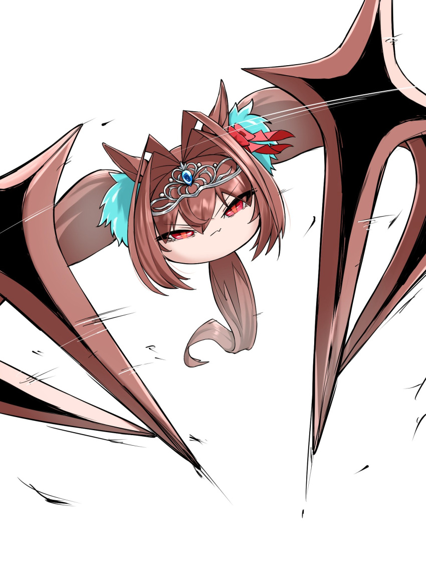 1girl animal_ears antenna_hair bow brown_hair commentary daiwa_scarlet_(umamusume) fang fang_out furrowed_brow hair_between_eyes hair_bow hair_intakes highres horse_ears horse_tail i_am_shakenoko imitating kaneki_ken long_hair prehensile_hair red_bow red_eyes skin_fang solo tail tiara tokyo_ghoul twintails umamusume v-shaped_eyebrows very_long_hair white_background yukkuri_shiteitte_ne