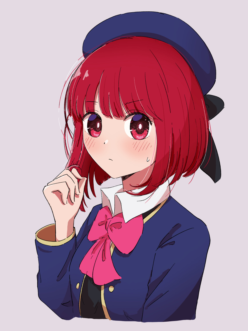 1girl ama_(ama_ekaku) arima_kana beret blue_headwear blue_jacket blush bob_cut bow bowtie closed_mouth collared_shirt commentary_request cropped_torso grey_background hat highres jacket long_sleeves looking_at_viewer open_clothes open_jacket oshi_no_ko pink_bow pink_bowtie red_eyes redhead shirt short_hair simple_background solo sweatdrop