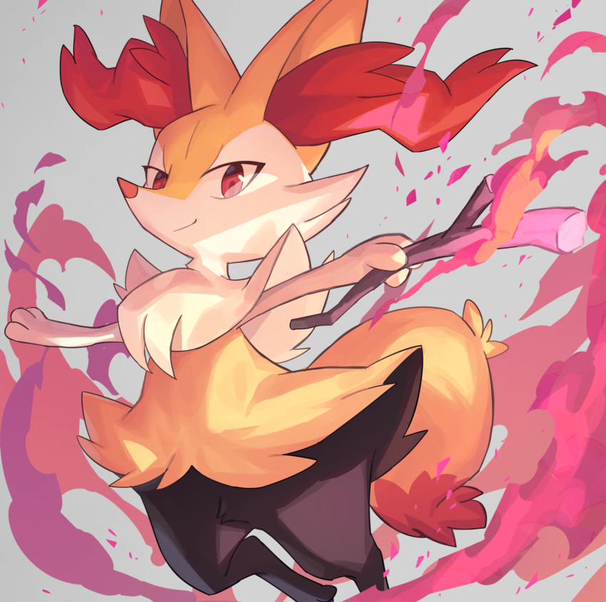 animal_ear_fluff bad_link braixen chorefuji closed_mouth commentary_request grey_background highres holding holding_stick looking_at_viewer outstretched_arms pokemon pokemon_(creature) red_eyes simple_background smile solo stick yellow_fur