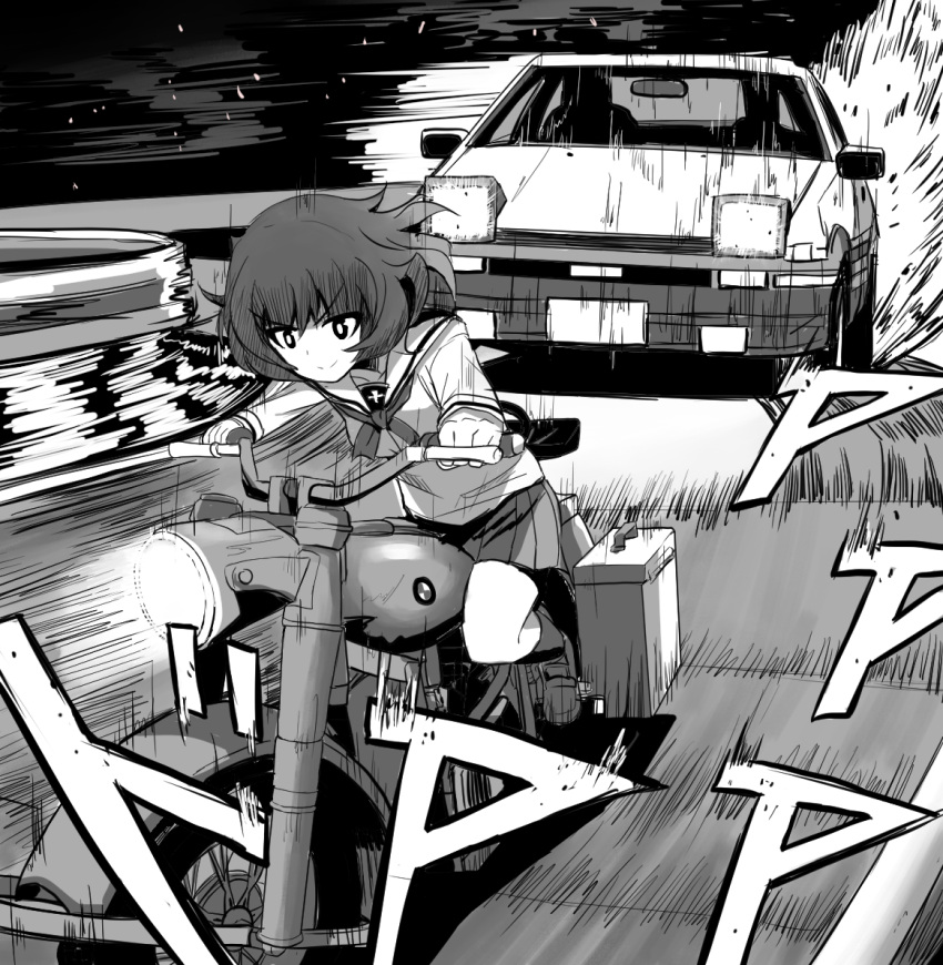 1girl akiyama_yukari bmw bmw_r75 car drifting fujiwara_takumi's_toyota_trueno_ae86 greyscale guard_rail initial_d kk90 monochrome motor_vehicle motorcycle ooarai_school_uniform road school_uniform shigeno_shuuichi_(style) shoes skirt smile socks sound_effects source_request speed_lines toyota toyota_sprinter_trueno