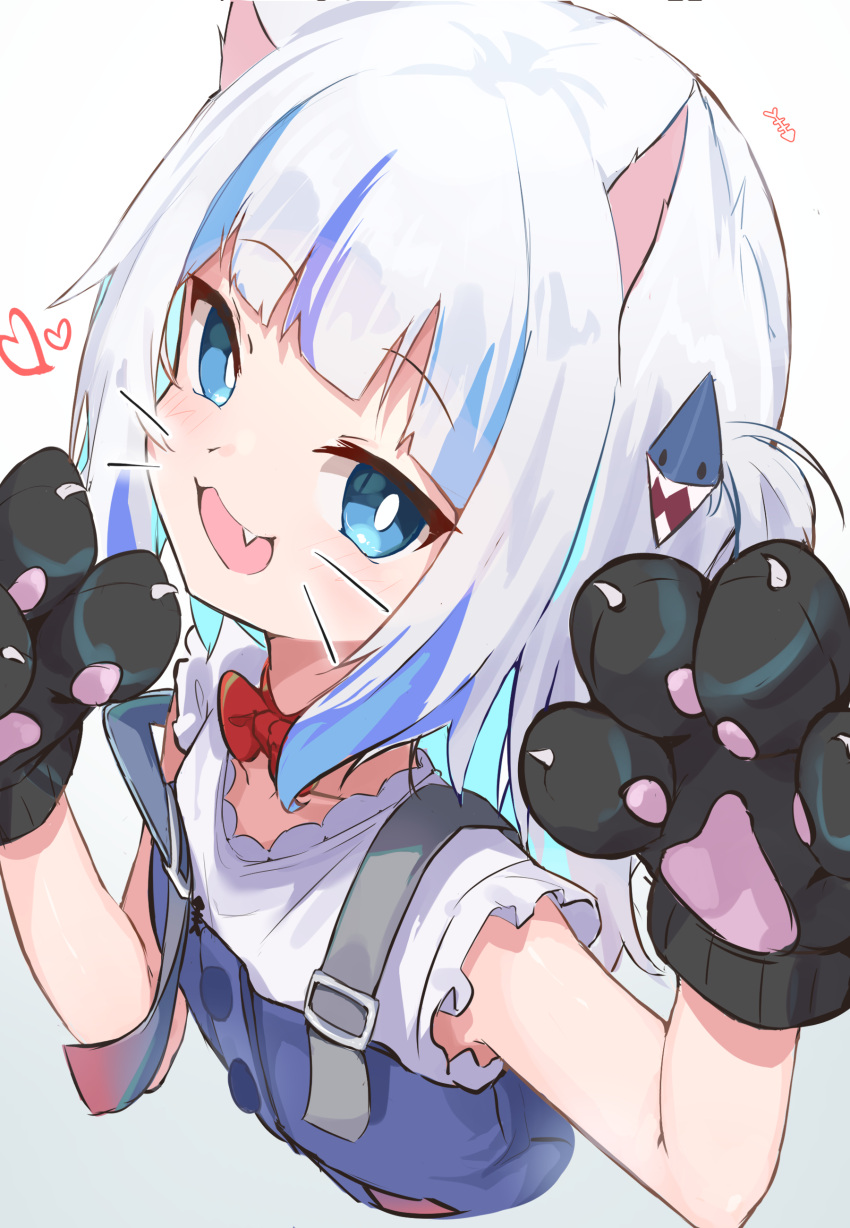 1girl :3 absurdres animal_ears animal_hands blue_eyes blue_hair blunt_bangs bow bowtie cat_ears cat_girl cat_paws commentary cropped_torso drawn_whiskers fang frilled_sleeves frills gawr_gura gawr_gura_(2nd_costume) gloves hair_ornament highres hololive hololive_english looking_at_viewer medium_hair multicolored_hair one_side_up paw_gloves red_bow red_bowtie shark_hair_ornament shirt short_sleeves simple_background solo streaked_hair suspenders virtual_youtuber wep16night white_background white_hair white_shirt