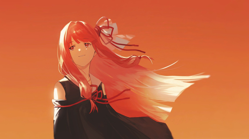 1girl arms_at_sides black_dress blunt_bangs blunt_ends collared_dress commentary detached_sleeves dress facing_viewer flower_knot grin hair_ribbon highres kakine kotonoha_akane long_hair looking_to_the_side orange_sky red_eyes red_ribbon redhead ribbon sidelighting sidelocks sky sleeveless sleeveless_dress smile solo upper_body voiceroid