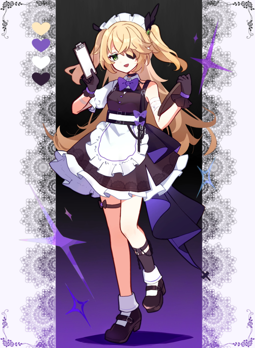1girl alternate_costume apron bare_shoulders bat_ornament black_dress black_footwear blonde_hair blush bow bowtie breasts dress enmaided eyepatch fischl_(genshin_impact) frilled_apron frilled_dress frills genshin_impact gloves green_eyes hair_over_one_eye hair_ribbon highres long_hair looking_at_viewer maid maid_apron maid_cafe maid_headdress medium_breasts open_mouth purple_bow ribbon short_sleeves simple_background smile solo two_side_up utori_(tanakautori) waist_apron white_apron