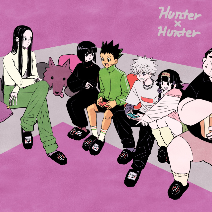 1girl 5boys alluka_zoldyck black_eyes black_hair black_pants black_shirt black_shorts blonde_hair brother_and_sister brothers chips_(food) couch food gon_freecss green_jacket green_pants highres holding holding_needle hunter_x_hunter illumi_zoldyck jacket jewelry kalluto_zoldyck killua_zoldyck layered_sleeves long_hair long_sleeves mike_(hunter_x_hunter) milluki_zoldyck multi-tied_hair multiple_boys necklace needle nintendo_switch on_couch pants pillow pink_background playing_games shirt short_hair short_over_long_sleeves short_sleeves shorts siblings slippers smile socks takeuchi_ryousuke title violet_eyes white_hair white_shirt