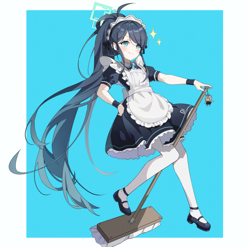 1girl aris_(blue_archive) aris_(maid)_(blue_archive) black_footwear black_hair blue_archive blue_background blue_eyes blue_hair broom closed_mouth commentary full_body gradient_hair halo highres holding holding_broom hoshiko_(419401x) long_hair looking_at_viewer maid maid_headdress multicolored_hair official_alternate_costume open_mouth pantyhose ponytail puffy_short_sleeves puffy_sleeves shoes short_sleeves smile solo two-tone_background very_long_hair white_background white_pantyhose