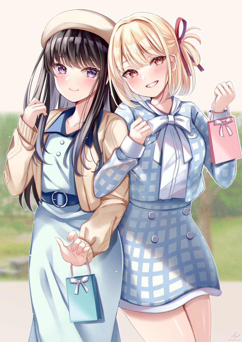 2girls bag beret black_hair blonde_hair blue_dress blue_jacket blue_skirt blush bow brown_headwear brown_jacket closed_mouth collared_dress commentary_request dress grin hair_intakes hands_up hat highres holding holding_bag inoue_takina jacket locked_arms long_hair long_sleeves looking_at_viewer lycoris_recoil multiple_girls nishikigi_chisato open_clothes open_jacket plaid plaid_jacket plaid_skirt red_eyes sakura_hiyori shirt skirt sleeves_past_wrists smile very_long_hair violet_eyes white_bow white_shirt