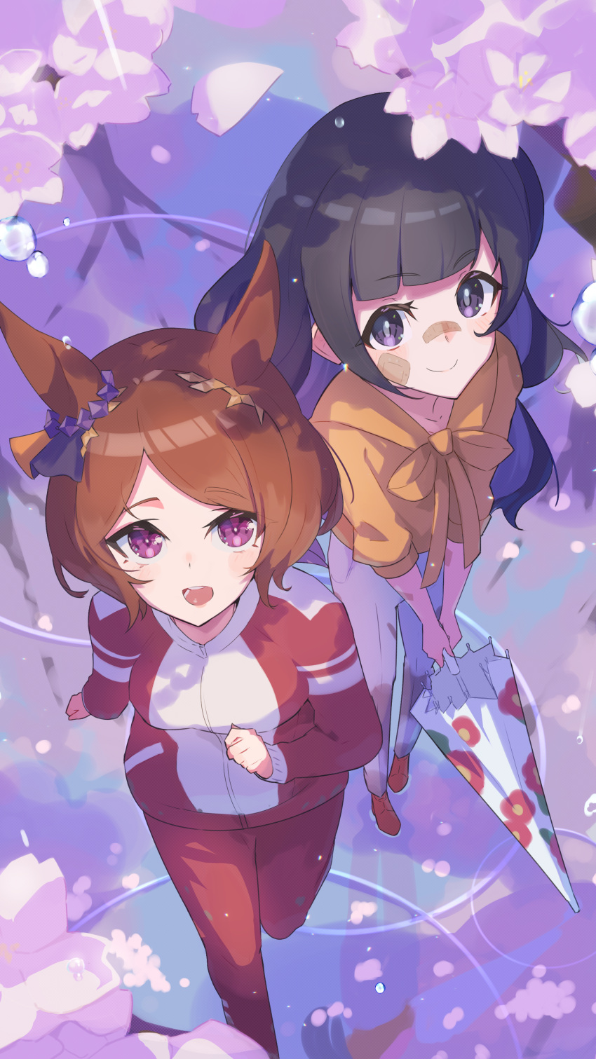 2girls :d absurdres akeishi_tsubaki animal_ears bandaid bandaid_on_cheek bandaid_on_face bandaid_on_nose black_hair brown_hair cherry_blossoms collarbone flower_in_eye highres holding holding_umbrella horse_ears horse_girl long_hair multiple_girls pants sakura_laurel_(umamusume) shirt short_hair smile symbol_in_eye tracen_training_uniform umamusume umamusume:_star_blossom umbrella wet_floor white_pants yakousei_a yellow_shirt